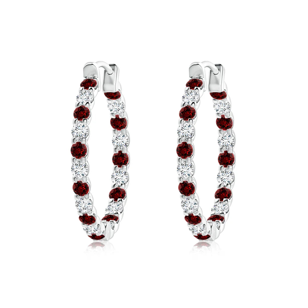 Round Ruby and Diamond Hoop Earrings, Prong-Set