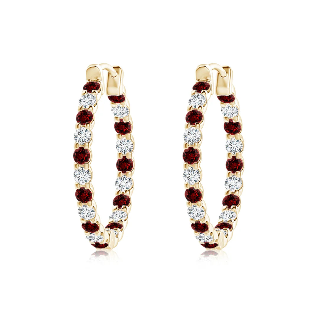 Round Ruby and Diamond Hoop Earrings, Prong-Set