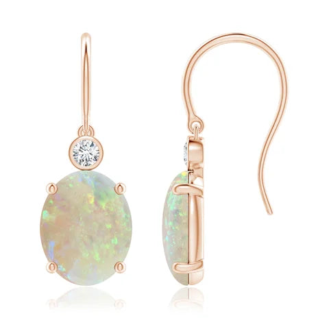 Oval Opal with Bezel-Set Diamonds Fish Hook Earrings