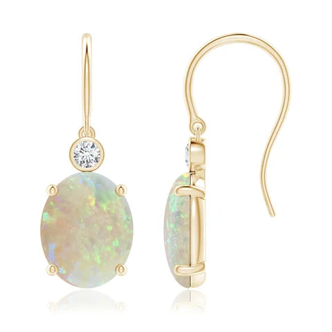Oval Opal with Bezel-Set Diamonds Fish Hook Earrings