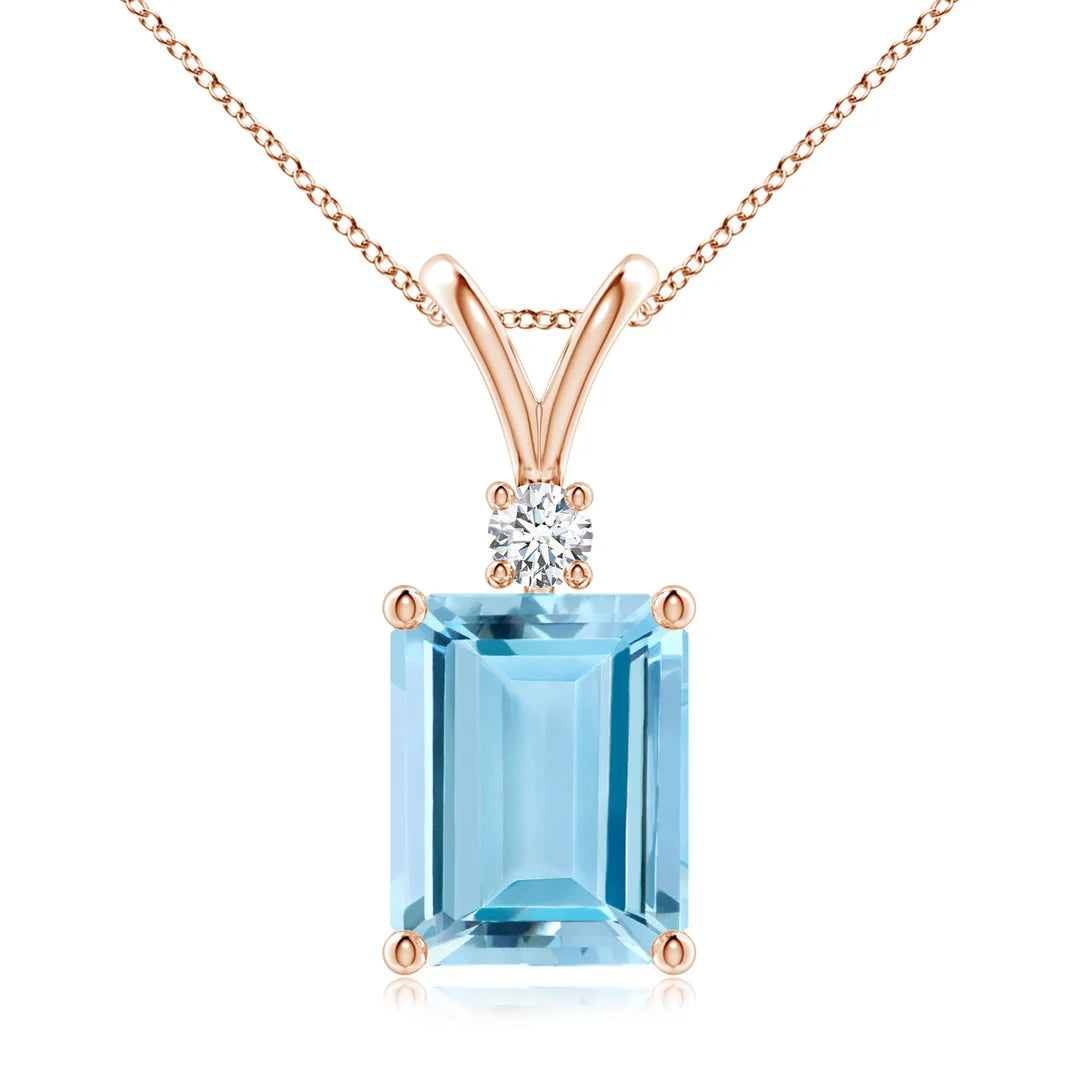 Aquamarine Emerald-Cut Solitaire Pendant with Diamond