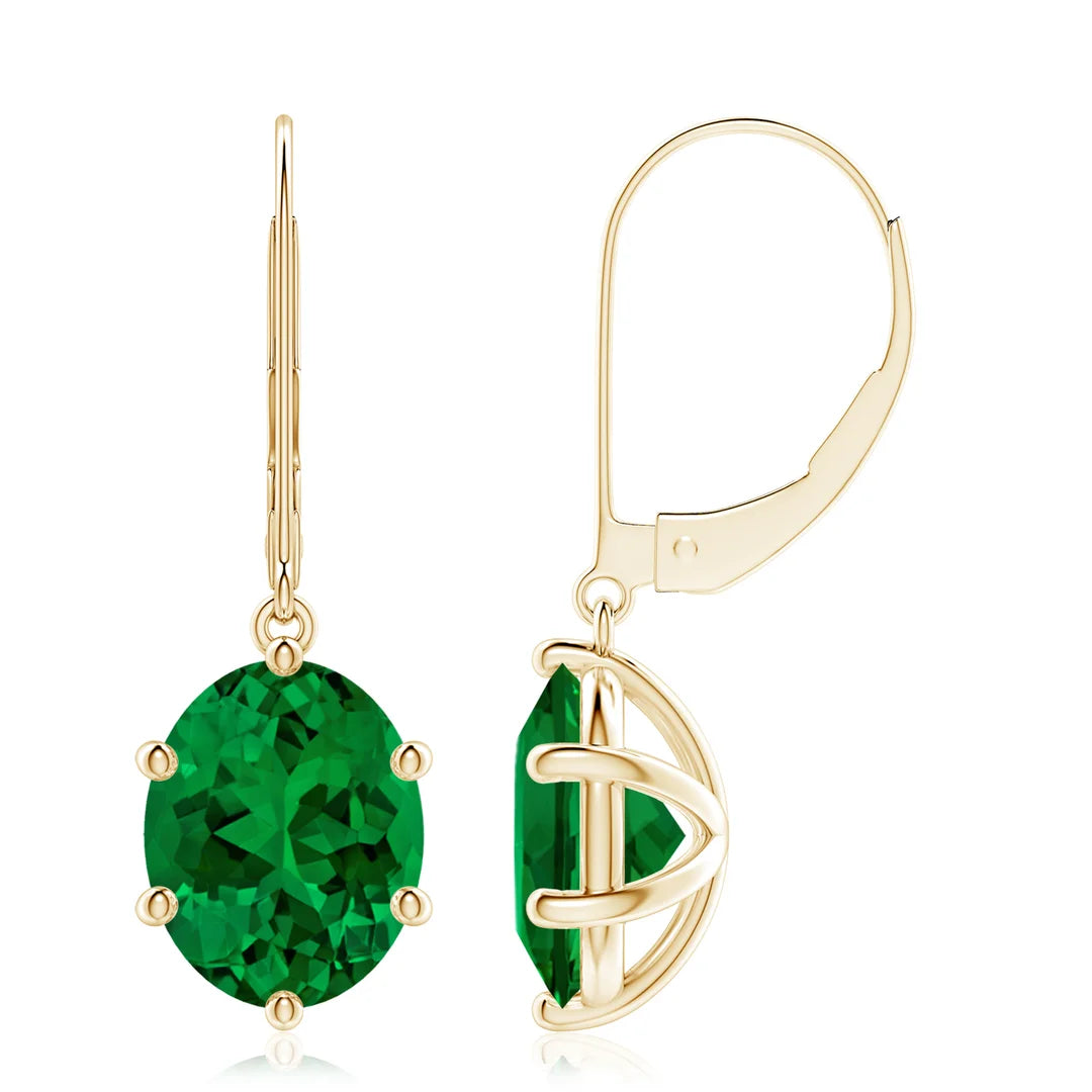 Emerald Oval Leverback Drop Earrings, 14K Gold