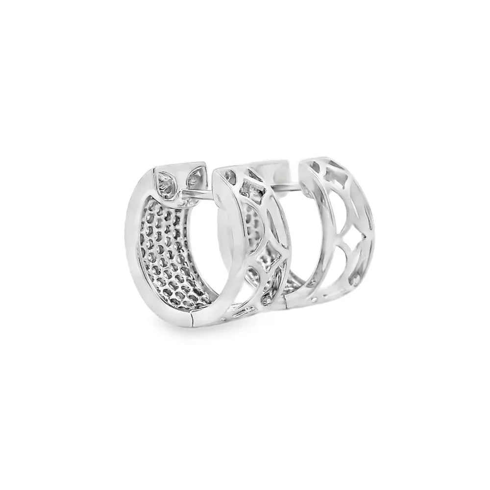 Pair of 18K White Gold Pave Diamond Hoop Earrings – 1.00 Carat Sparkling Hoops on a white background