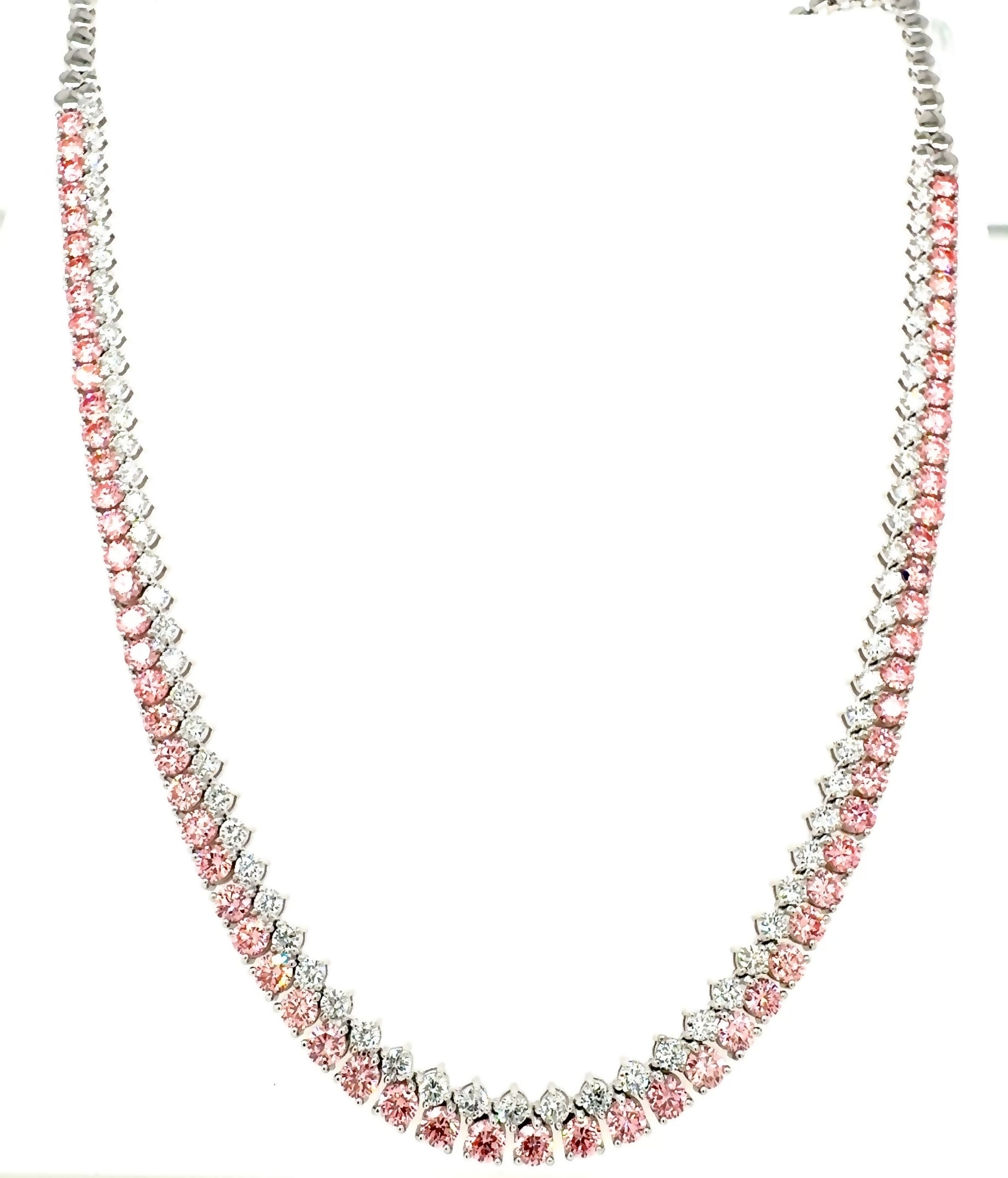 Pink Round Diamond Tennis Necklace, 9.69 ct., 14K White Gold, Lab Grown