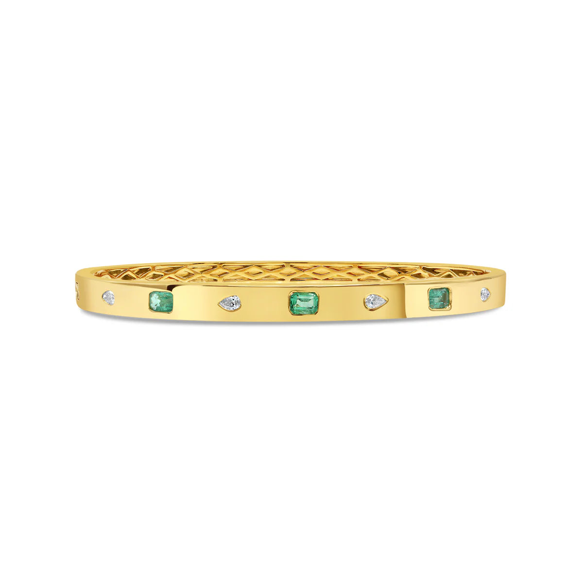 Green Emerald and Pear Shaped Diamond Inlay Bangle