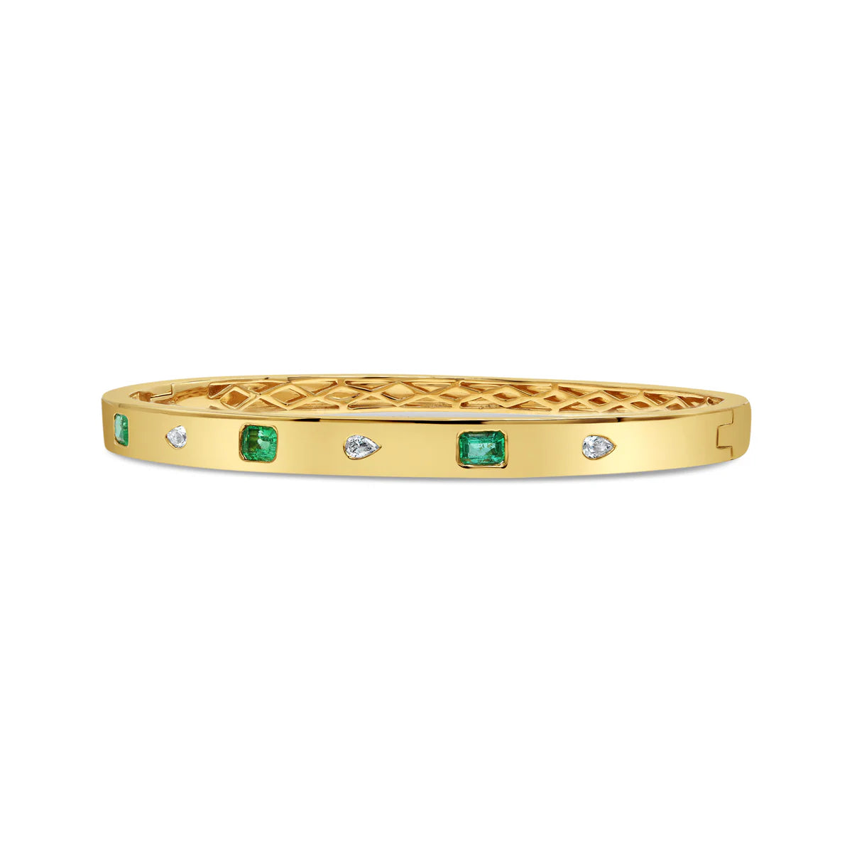 Green Emerald and Pear Shaped Diamond Inlay Bangle