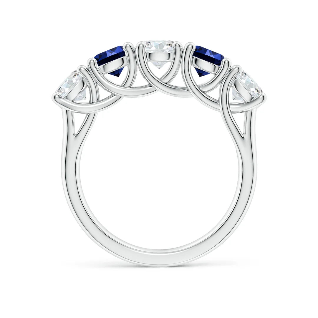 Five Stone Half Eternity Diamond and Blue Sapphire Ring, Lab-Grown