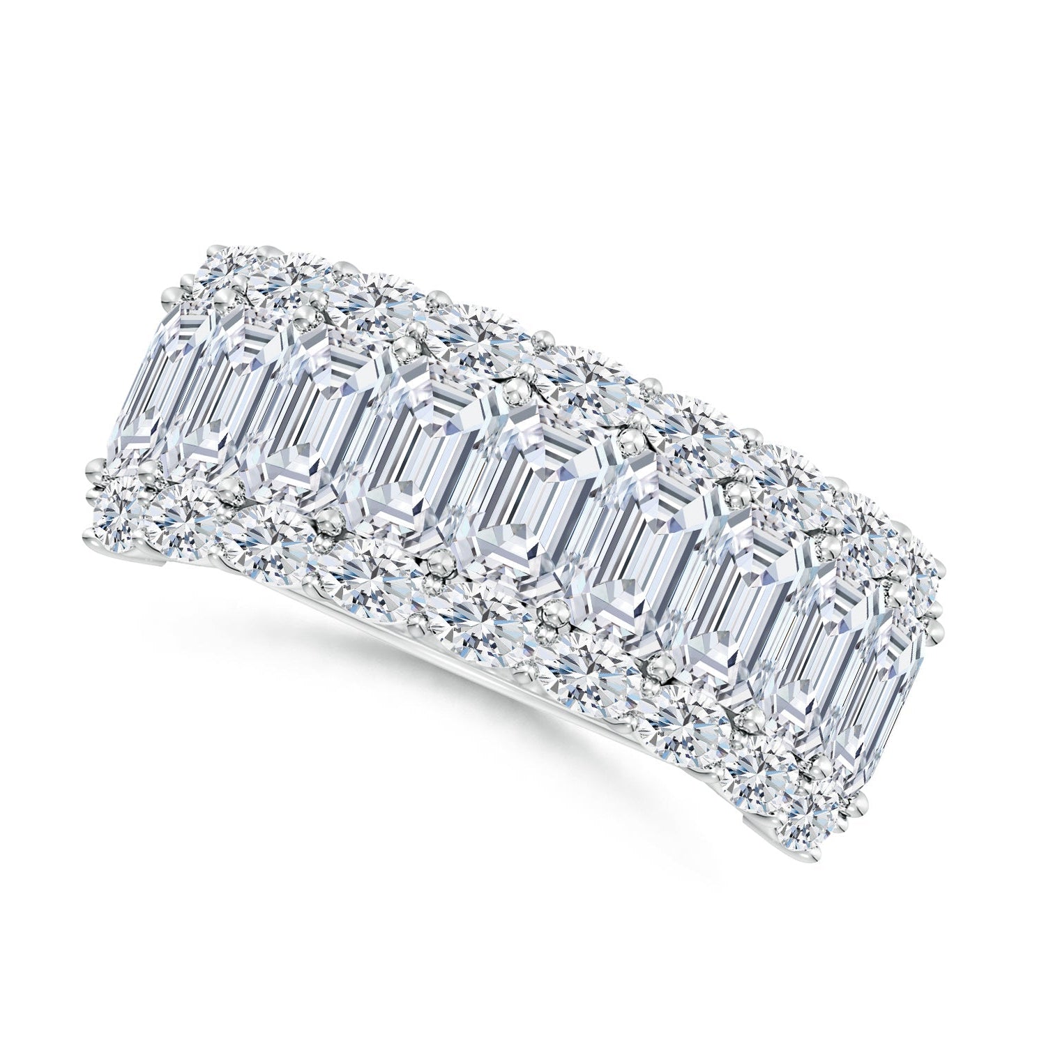 Diamond ring with emerald-cut stones on a white background