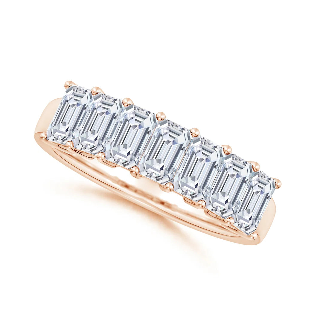 Seven Stone Emerald-Cut Diamond Wedding Ring in rose gold, 3mm stone F-G VS lab-grown diamond