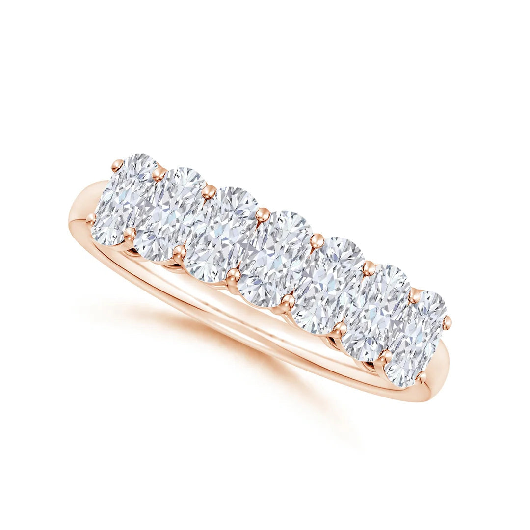 Seven Stone Rectangular Diamond Wedding Ring, Prong-Set Cushion in rose gold, 3mm stone F-G VS lab-grown diamond