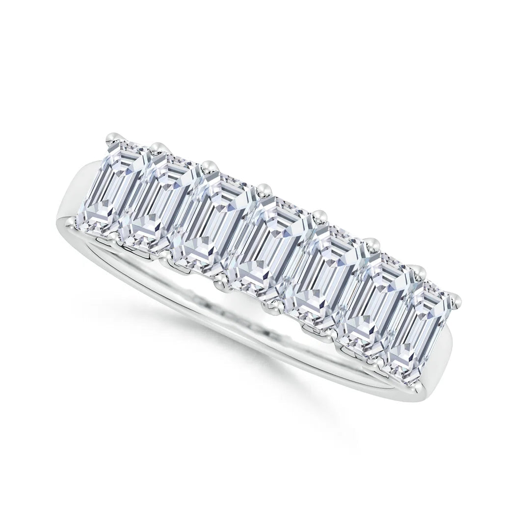 Seven Stone Emerald-Cut Diamond Wedding Ring in white gold, 3mm stone F-G VS lab-grown diamond