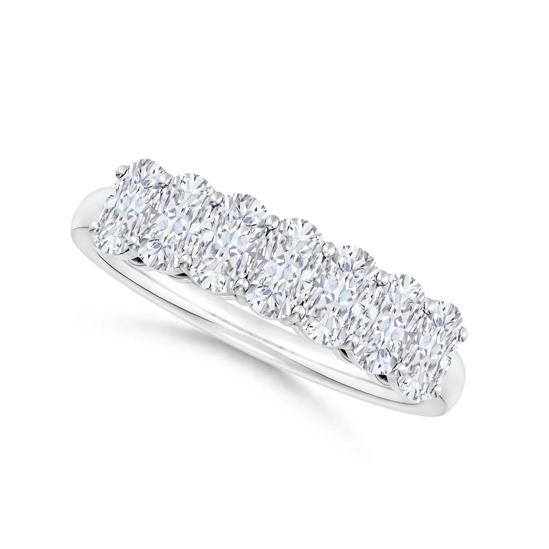 Seven Stone Rectangular Diamond Wedding Ring, Prong-Set Cushion in white gold, 3mm stone F-G VS lab-grown diamond