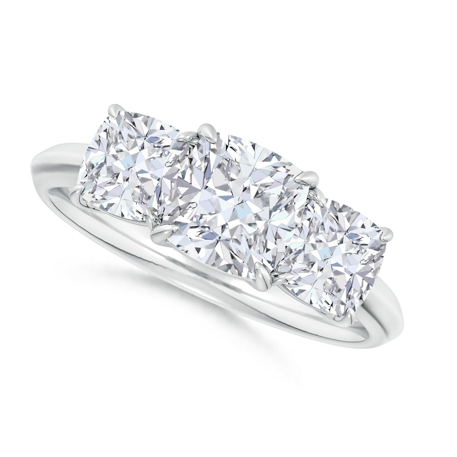 Cushion Diamond Three Stone Engagement Ring, Raised-Edge Shank