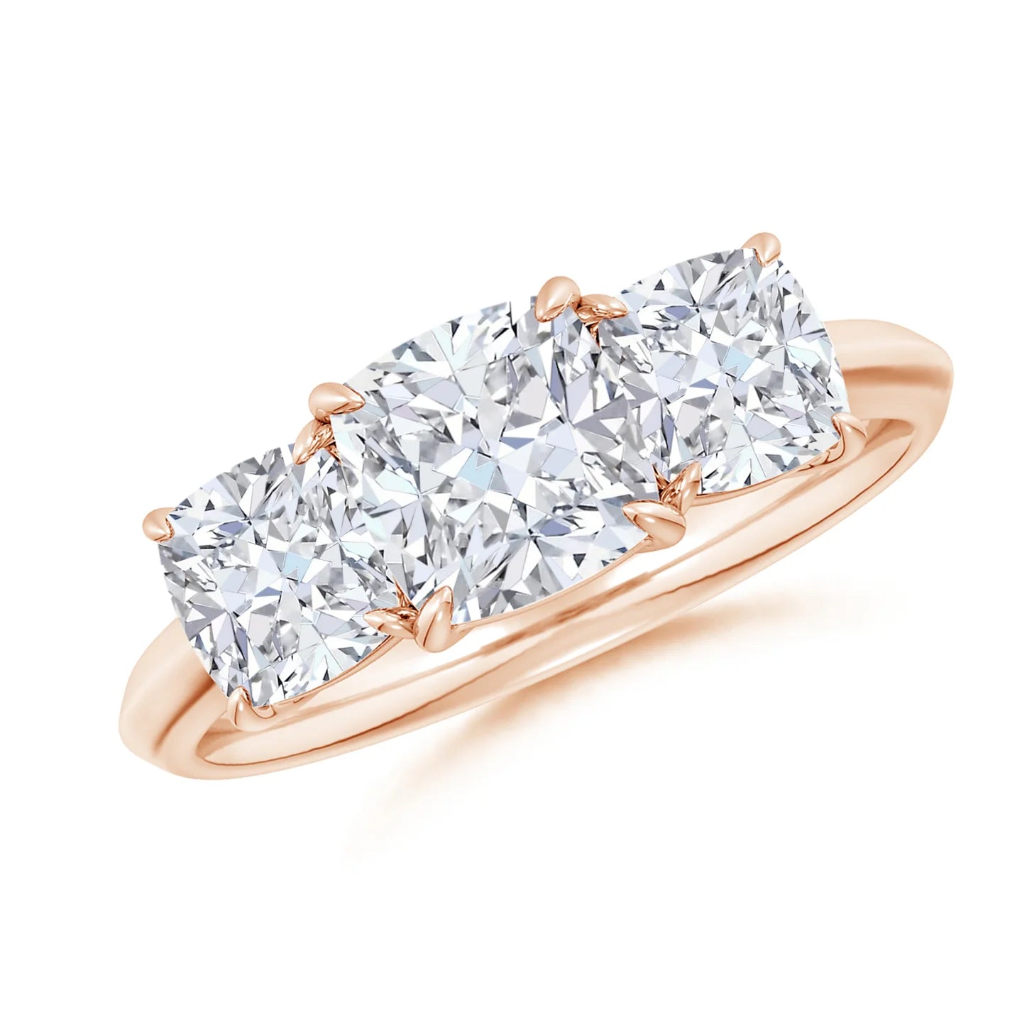 Cushion Diamond Three Stone Engagement Ring, Raised-Edge Shank