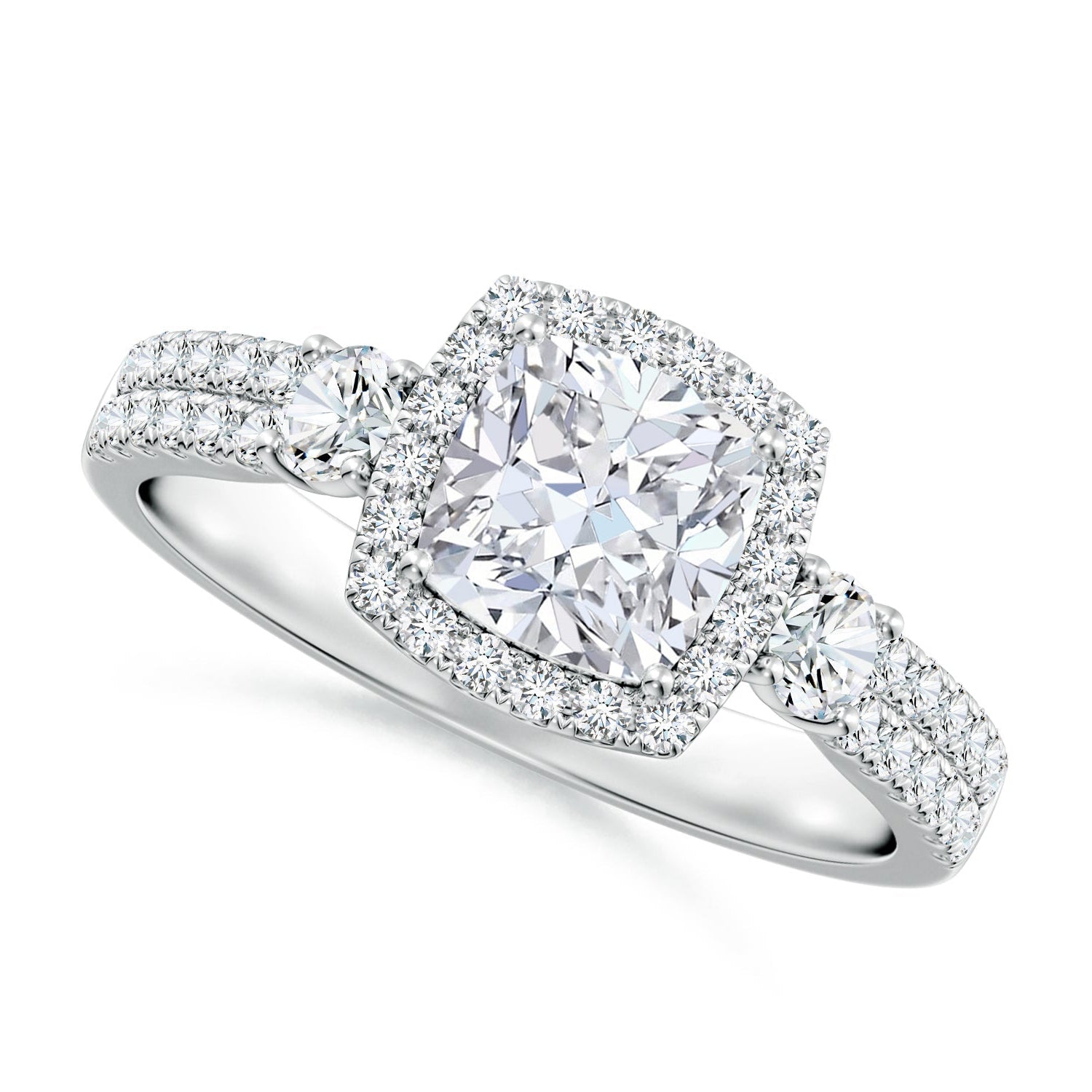 Cushion Diamond Halo & Round Diamond Accent Double Shank Engagement Ring, Lab-Grown