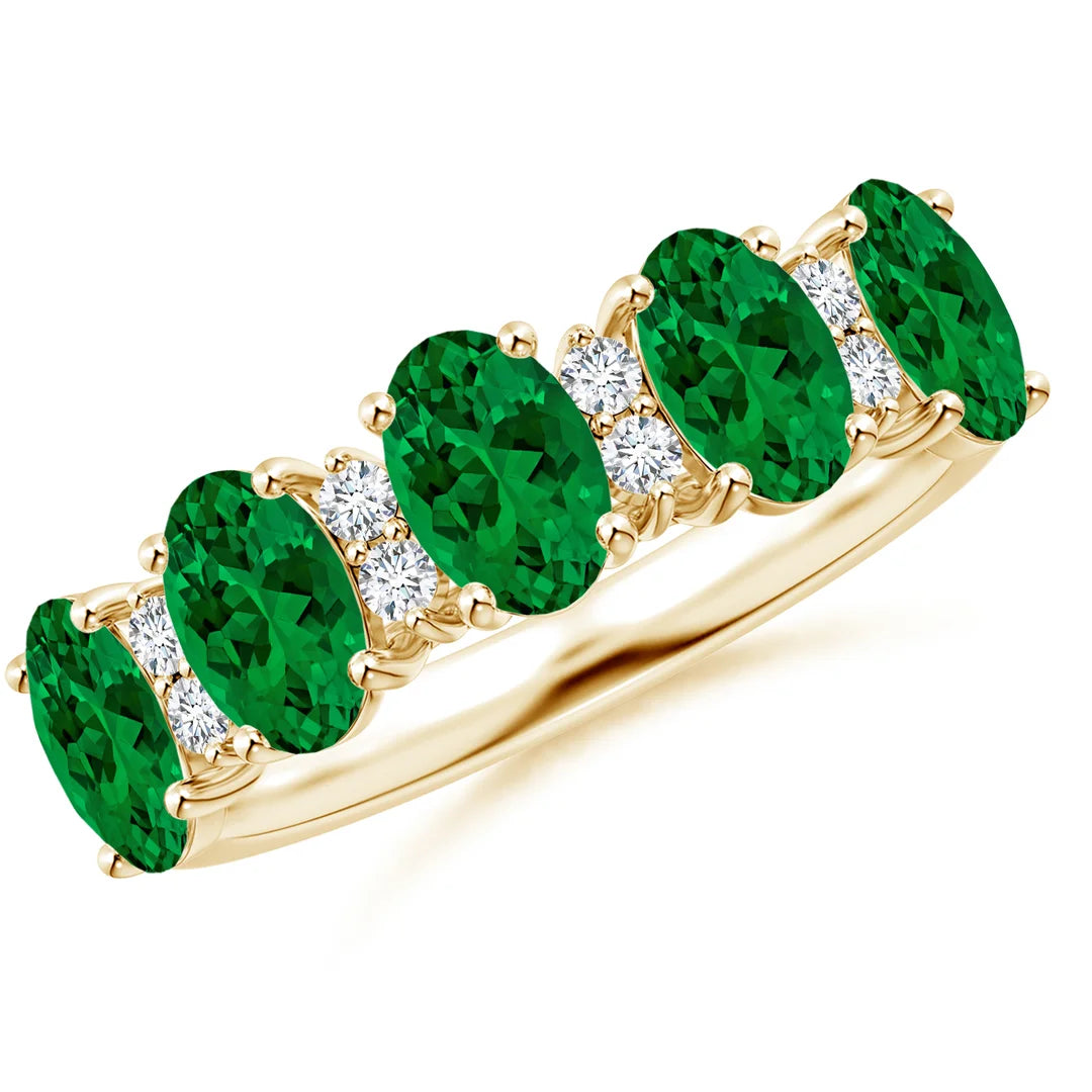 Five Stone Emerald and Diamond Wedding Ring, 14K Gold