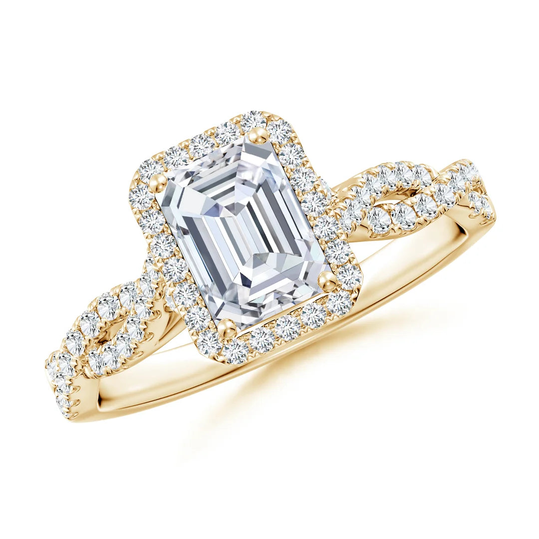 Emerald-Cut Diamond Twisted Shank Halo Engagement Ring