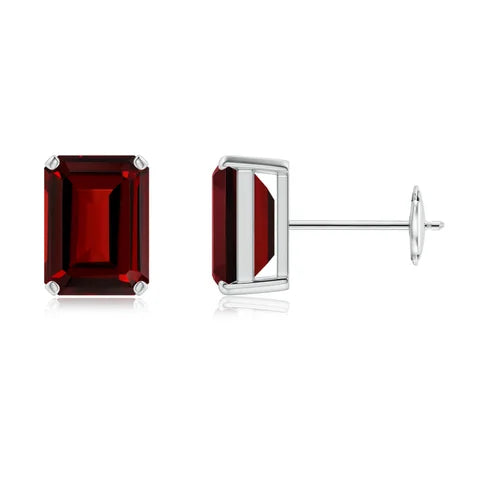 Emerald-Cut Garnet Solitaire Stud Earrings, 18K Gold