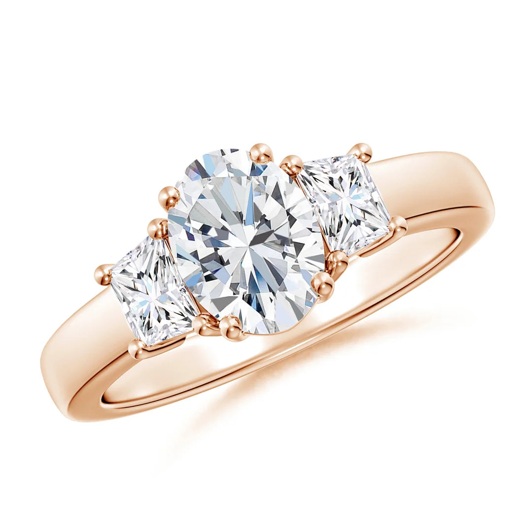 Three Stone Classic Oval and Trapezoid Diamond Engagement Ring