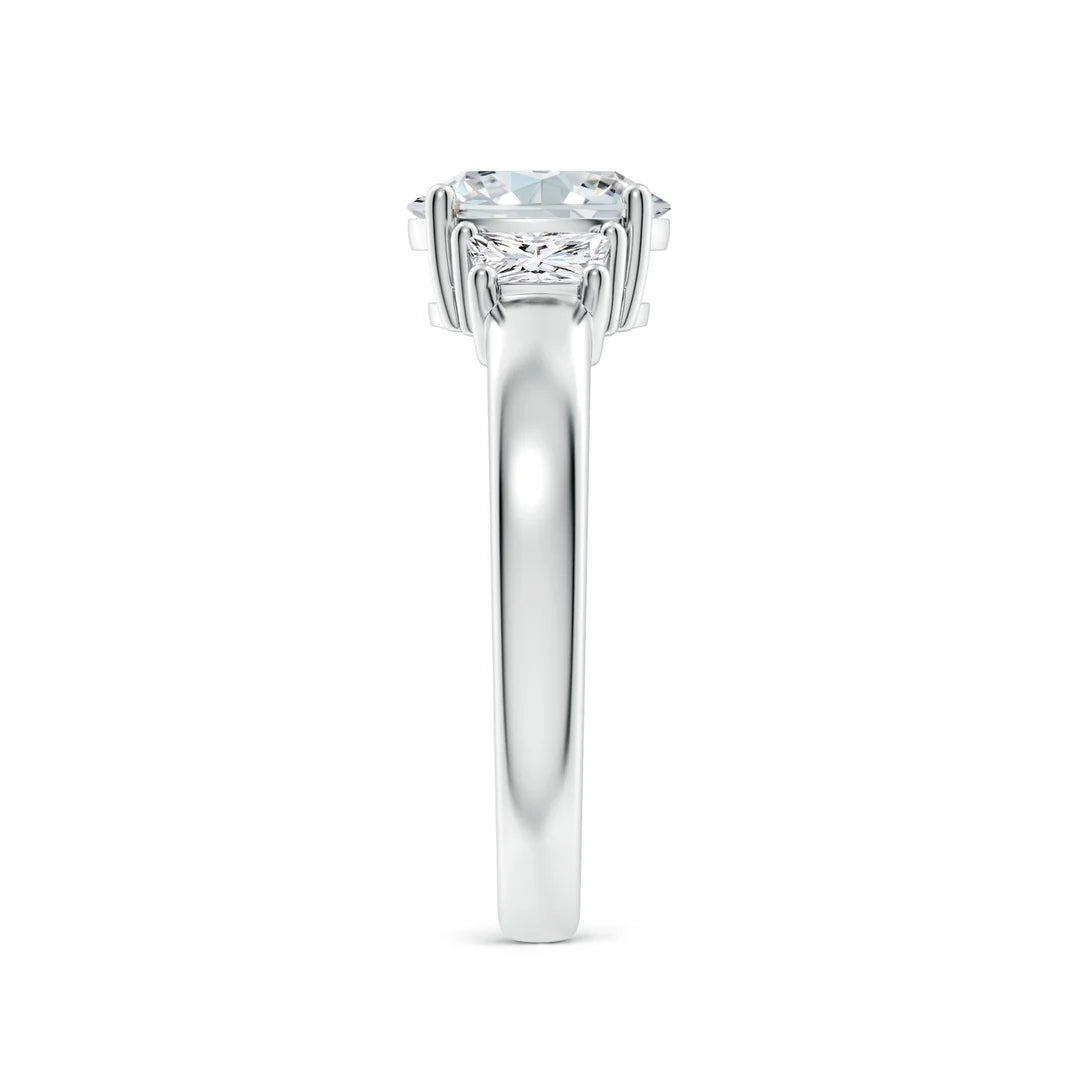 Three Stone Classic Oval and Trapezoid Diamond Engagement Ring