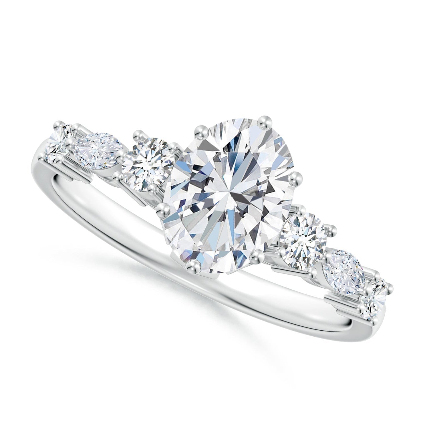 Oval Diamond Side Stone Classic Engagement Ring, Lab-Grown