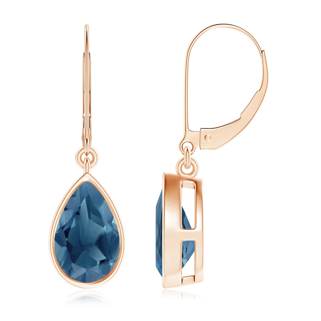 Pear London Blue Topaz Drop Earrings, 14K Gold Bezel-Set
