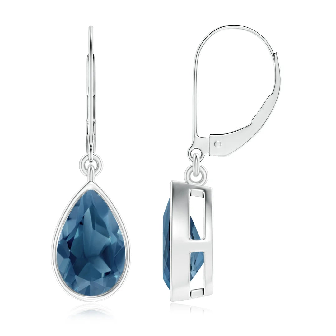 Pear London Blue Topaz Drop Earrings, 14K Gold Bezel-Set