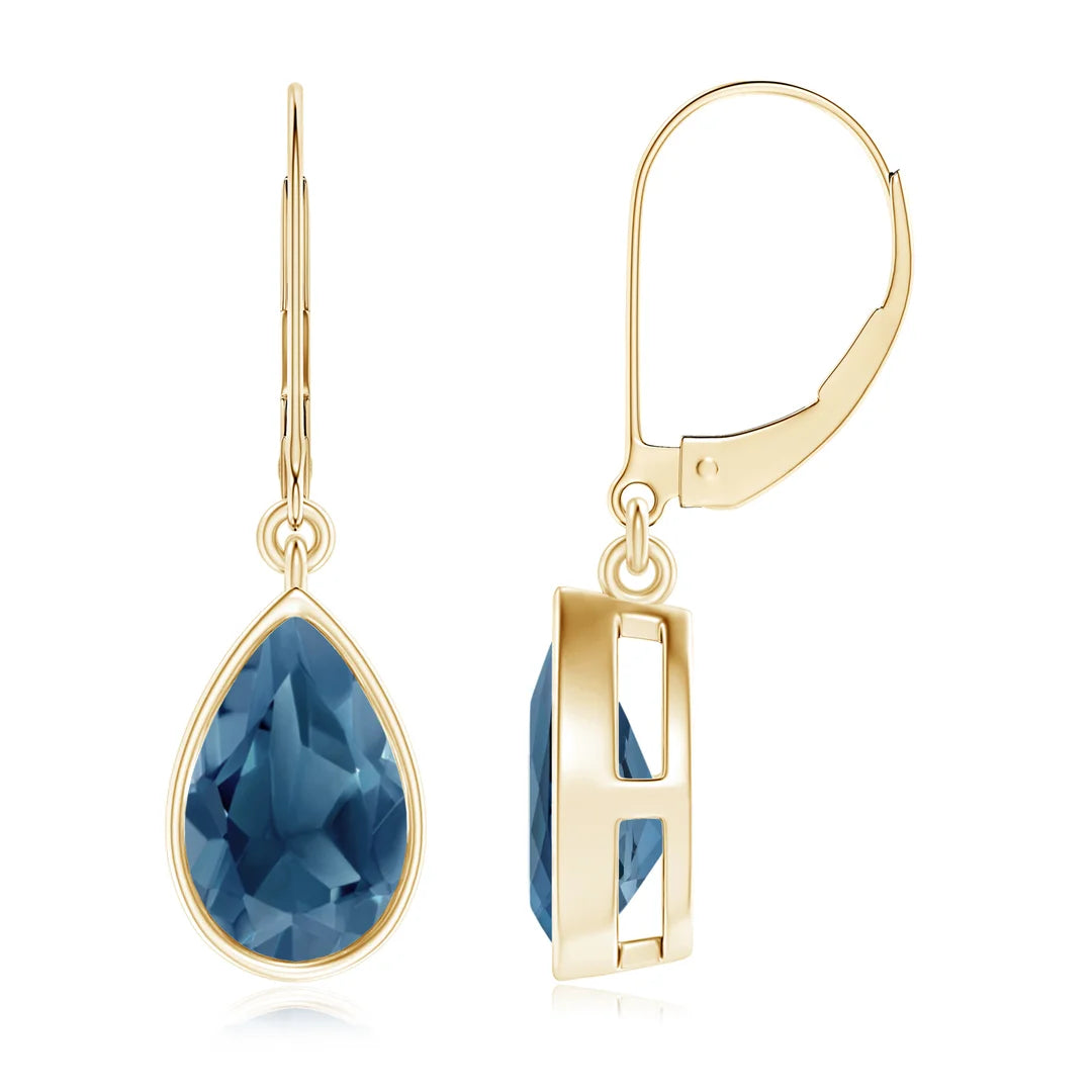 Pear London Blue Topaz Drop Earrings, 14K Gold Bezel-Set