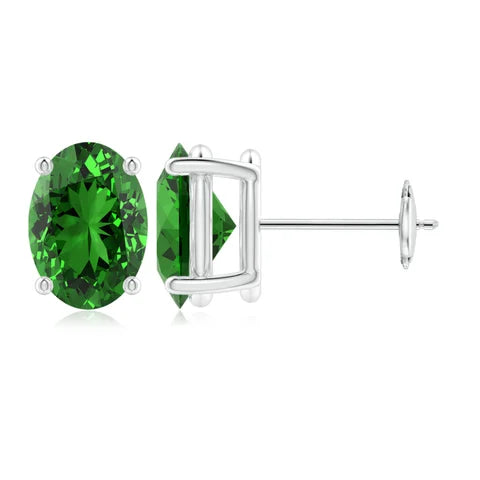 Prong-Set Solitaire Oval Emerald Stud Earrings, Lab-Grown