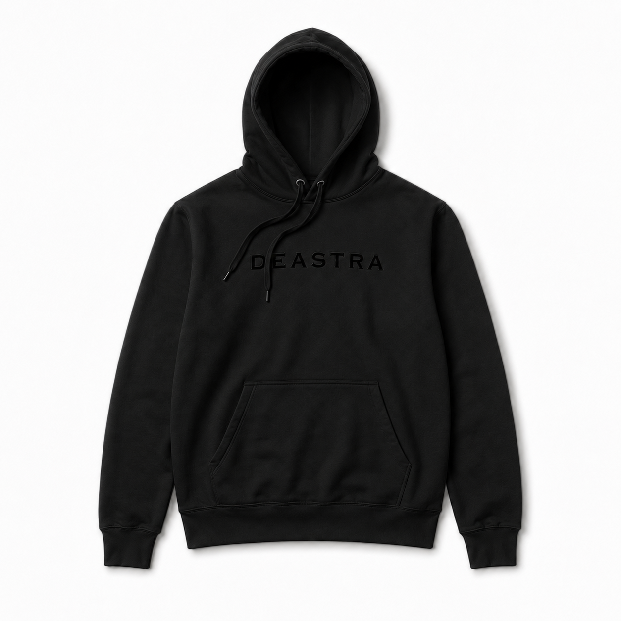 Black hoodie with 'DEASTRA' logo on a white background