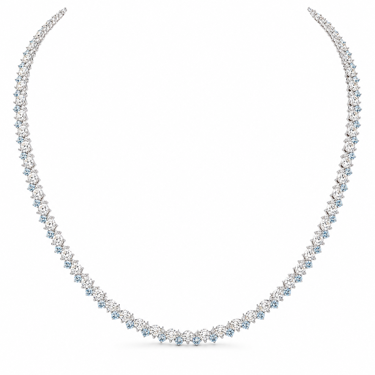 Blue Round Diamond Tennis Necklace, 9.22 ct.,A silver-toned tennis necklace adorned with clear round-cut stones and small light blue accent stones, arranged in a continuous curved line on a plain white background.