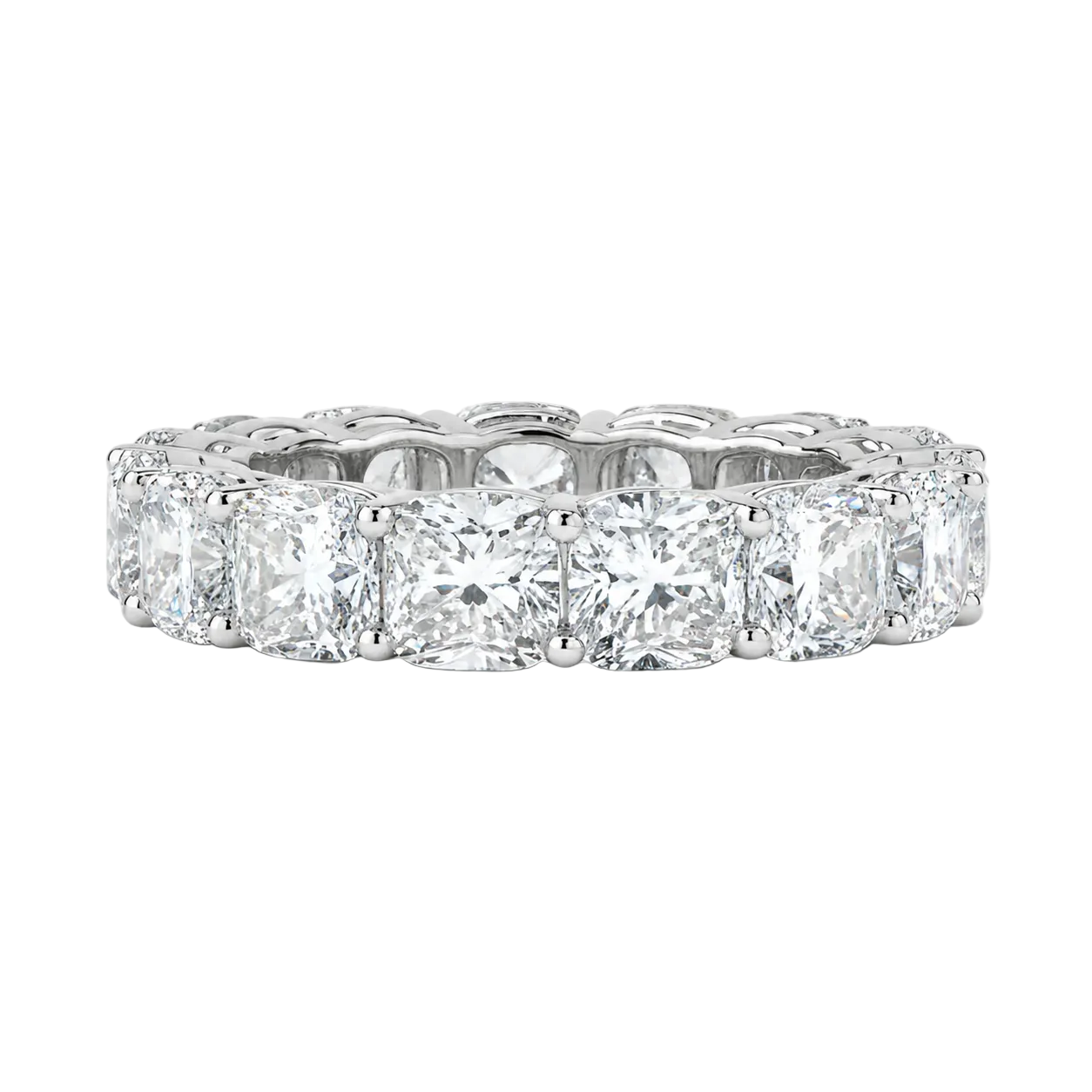 A diamond eternity ring featuring a row of cushion-cut and round brilliant diamonds set in a polished silver-colored band, shown against a plain light gray background.