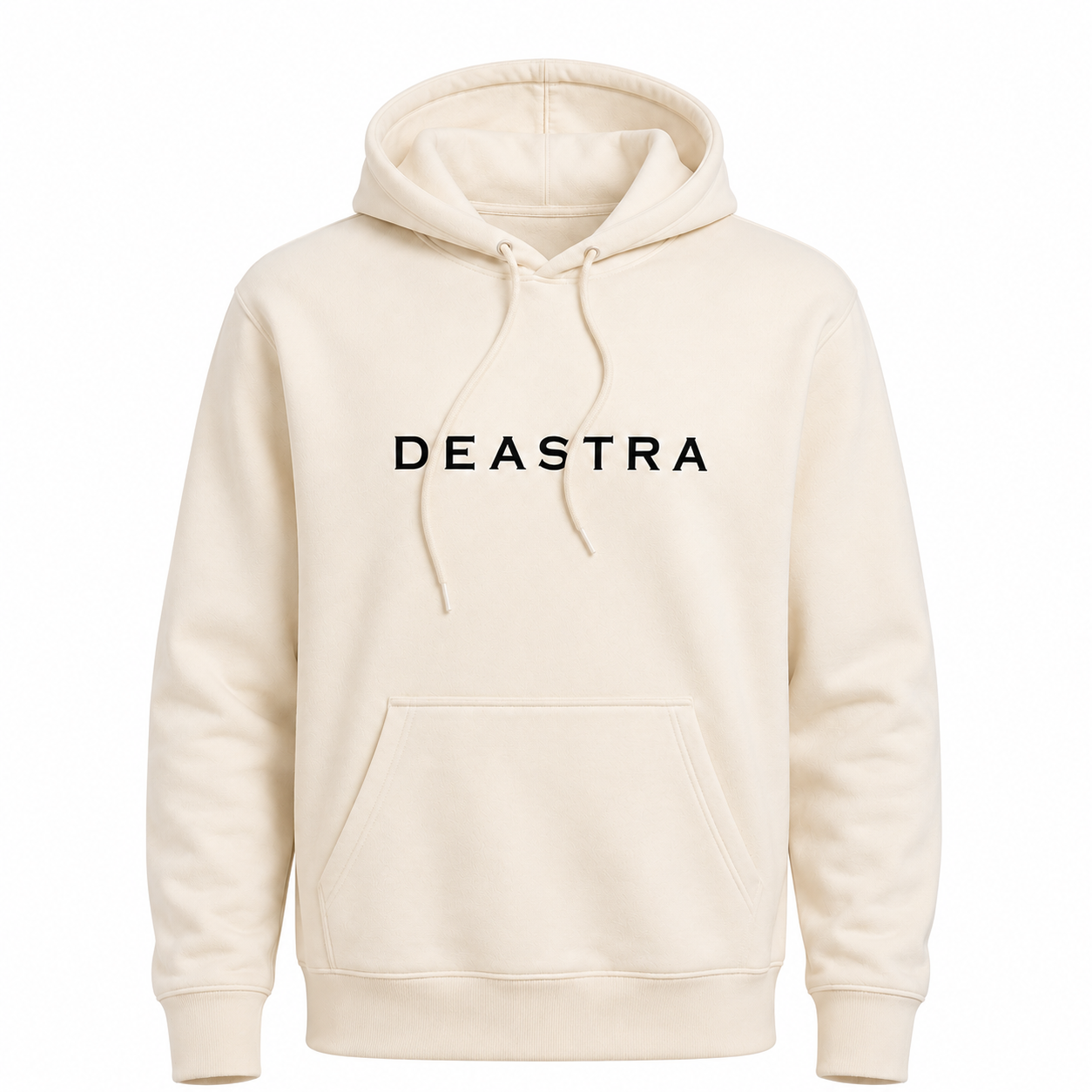 Beige hoodie with 'DEASTRA' branding on a white background