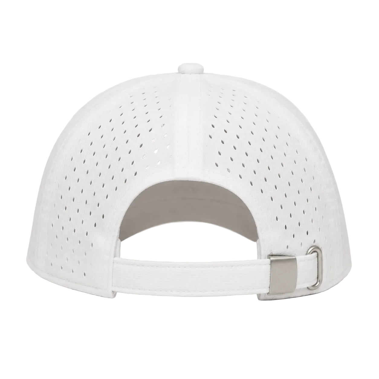 White perforated baseball cap shown from the back, featuring a curved strap and silver metal buckle on a clean white background.