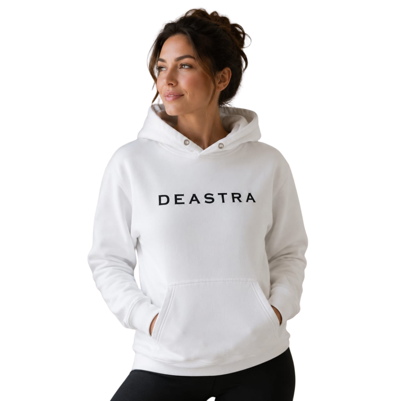 A woman wearing a white pullover hoodie with the word 'DEASTRA' printed in black across the chest, posed against a solid white background.
