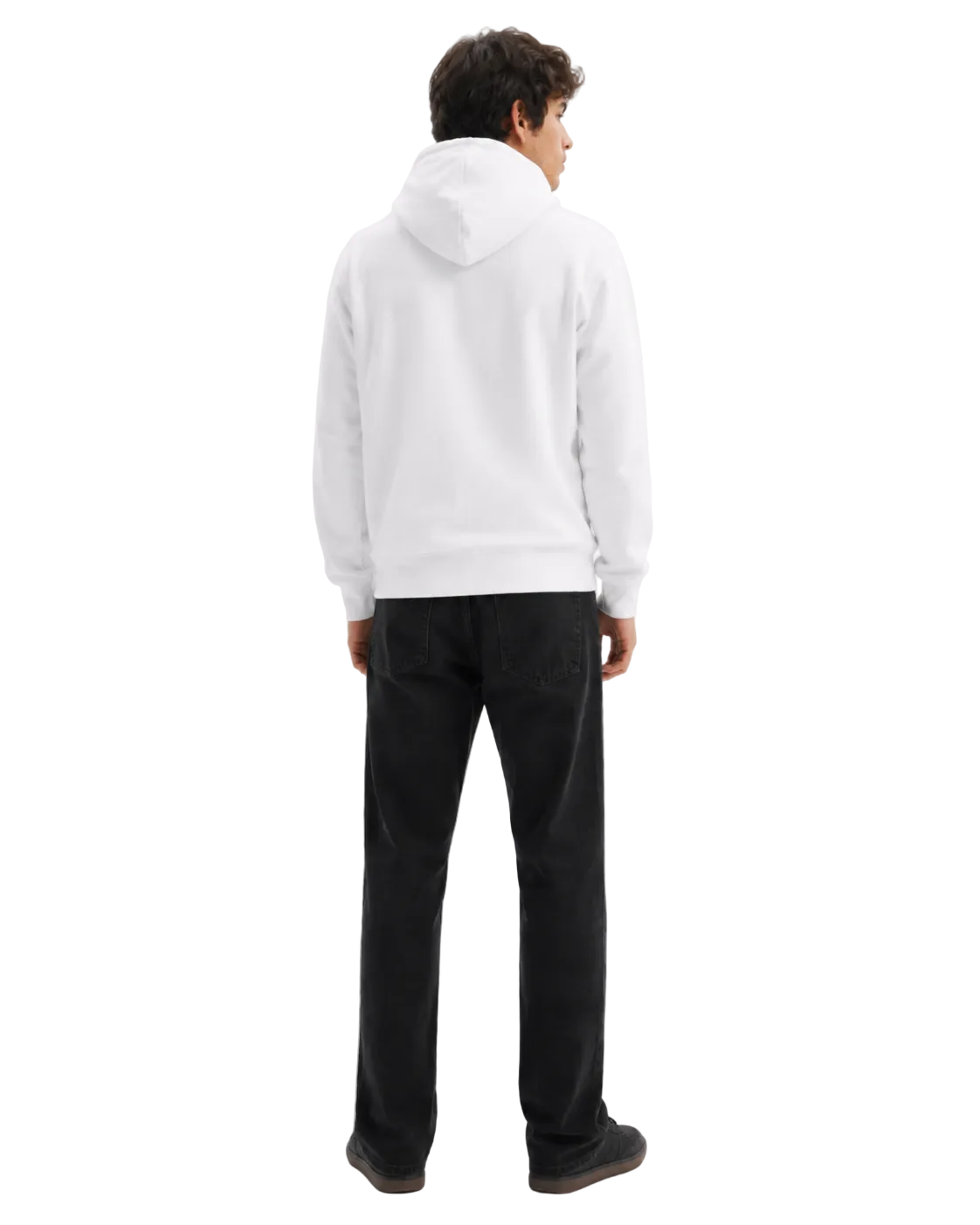 Person wearing a white hoodie and black pants on a white background