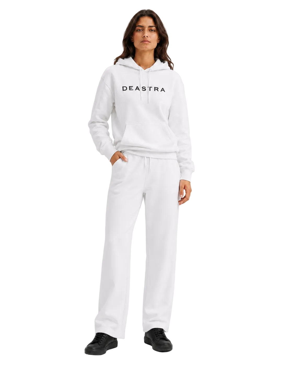 Person wearing a white hoodie and pants with 'DEASTRA' branding on a light gray background