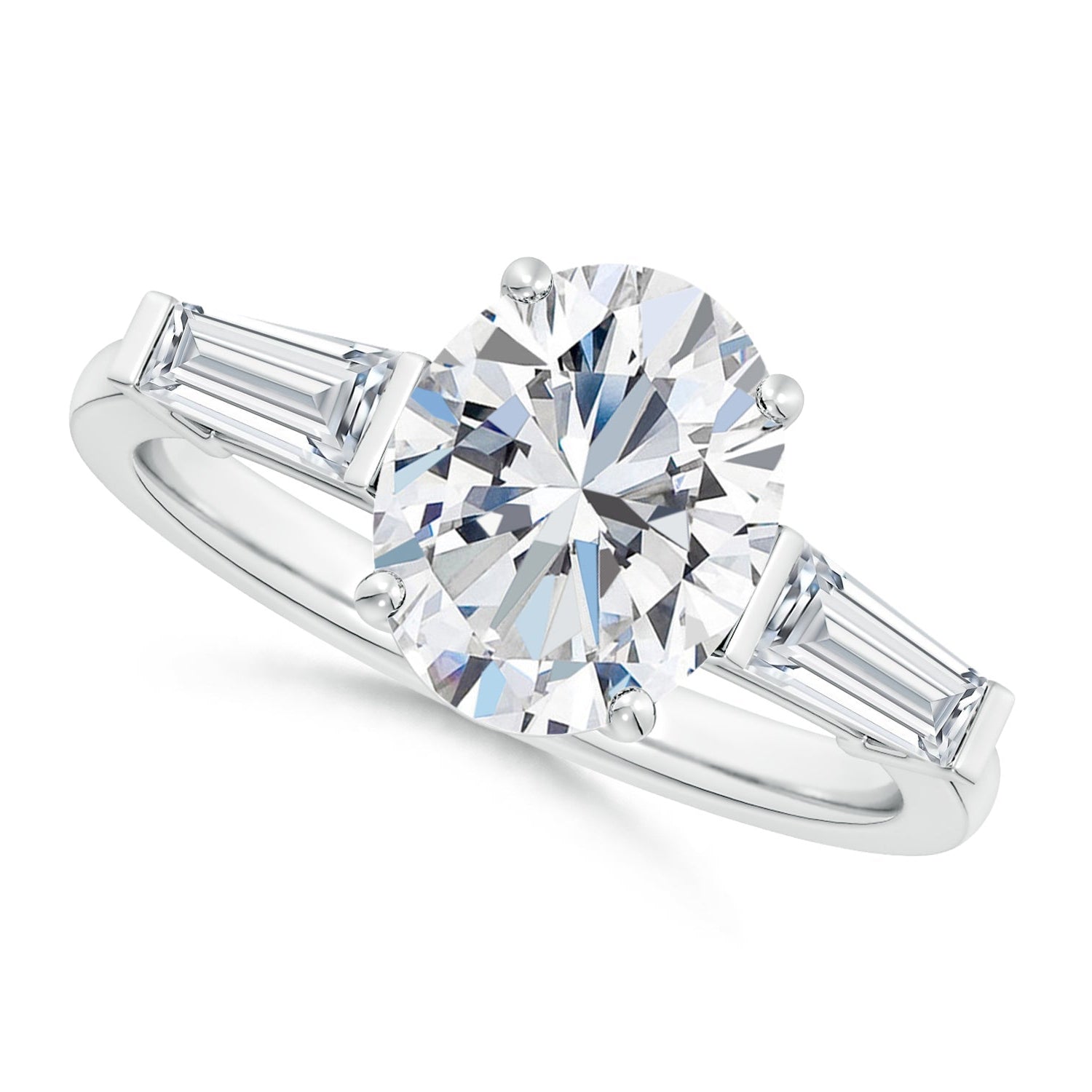 Oval and Tapered Baguette Diamond Side Stone Engagement Ring