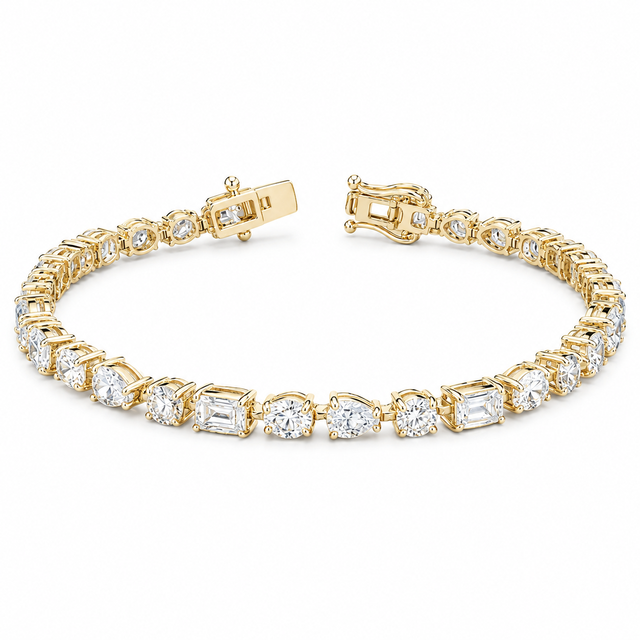 A yellow gold tennis bracelet with a continuous line of clear gemstones in round, pear, and baguette cuts, displayed on a clean white background.