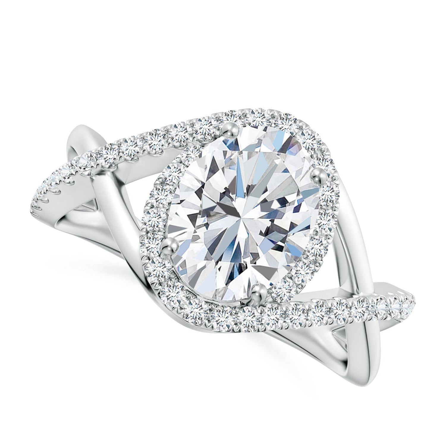 Oval Diamond Criss Cross Shank Engagement Ring with Accents