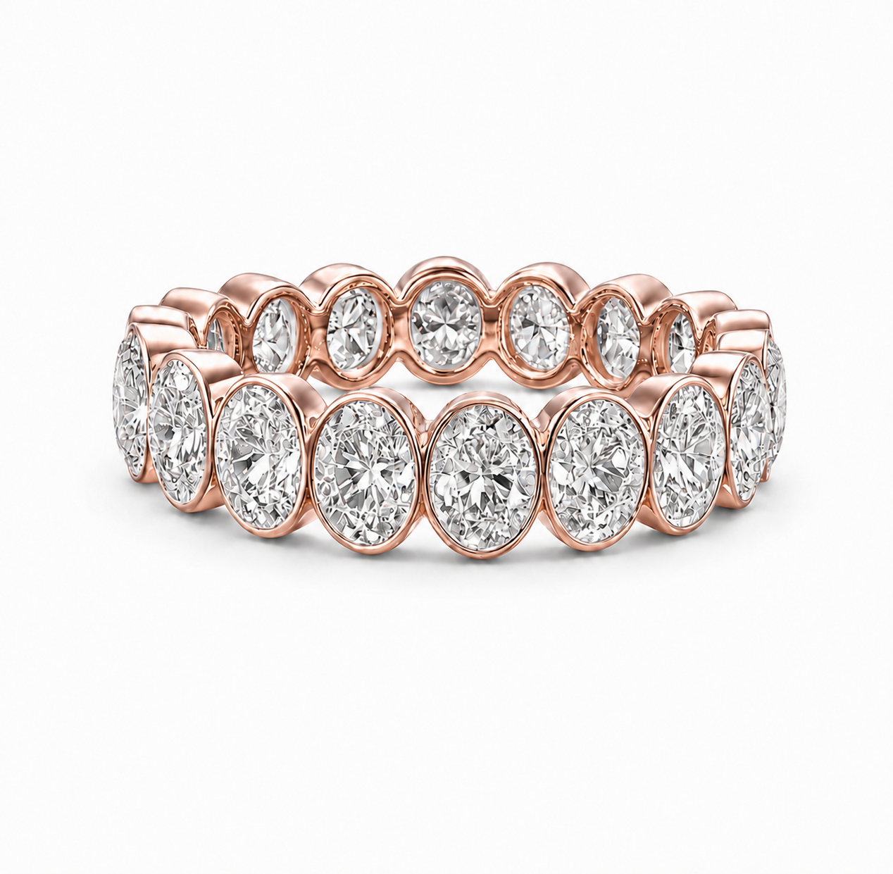 A rose gold eternity band ring set with round brilliant-cut diamonds, shown on a clean white background.