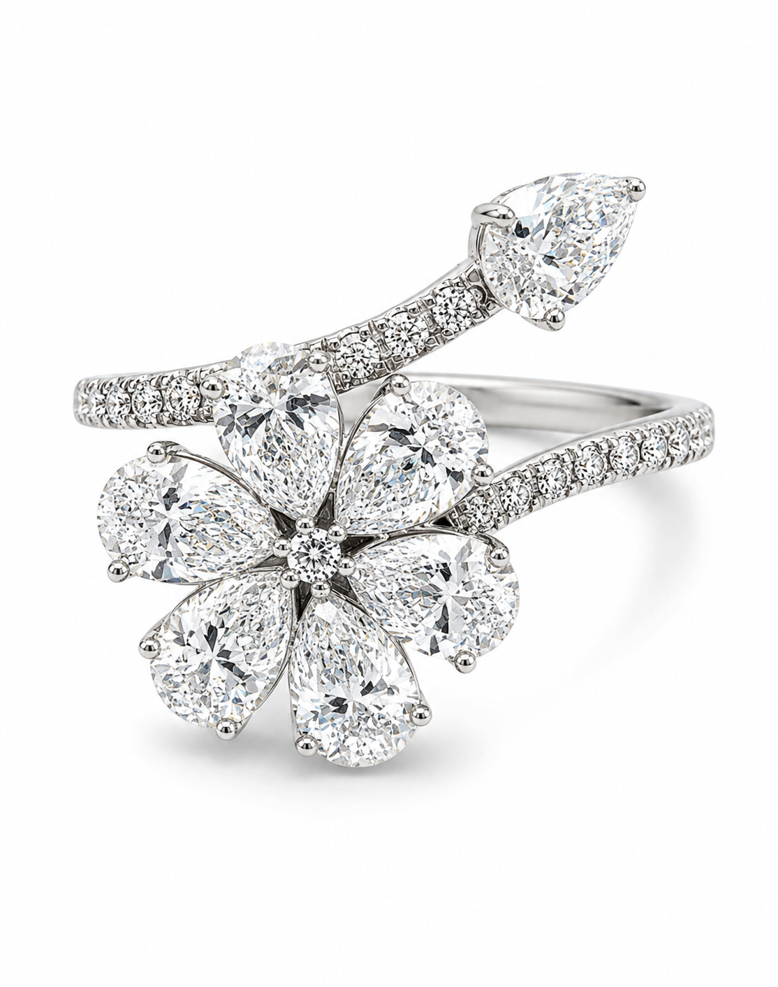 Pear & Round Diamonds Ring, 2 Carat, 14K White Gold, Lab Grown