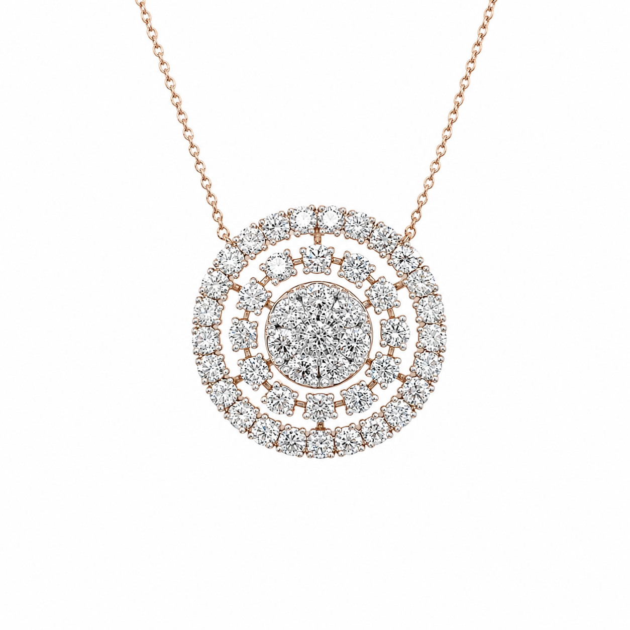 A rose gold pendant necklace featuring three concentric circular halos of clear cubic zirconia stones on a delicate chain, set against a solid white background.