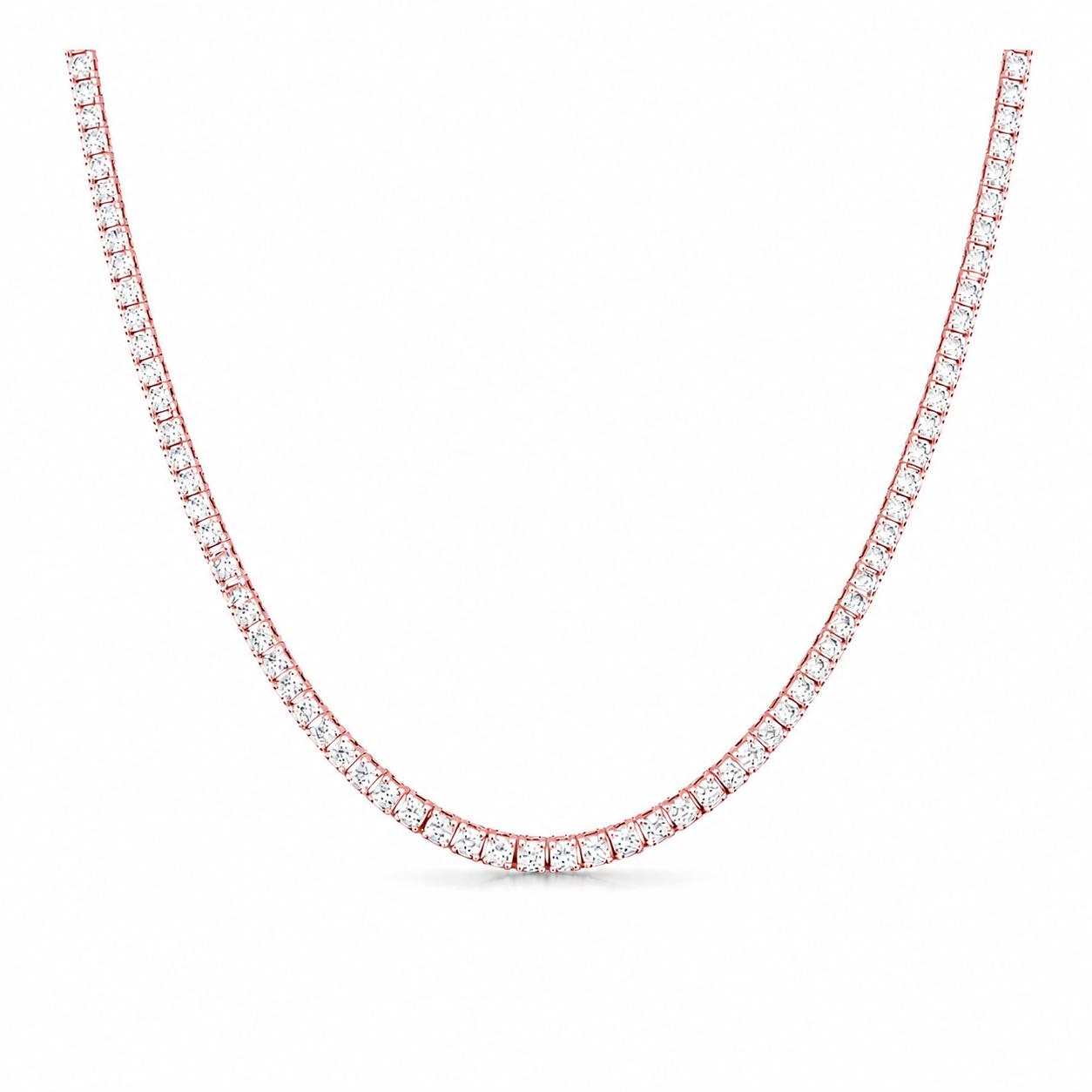 A tennis necklace featuring clear square-cut gemstones in a pinkish-red metal setting, shown against a plain white background.