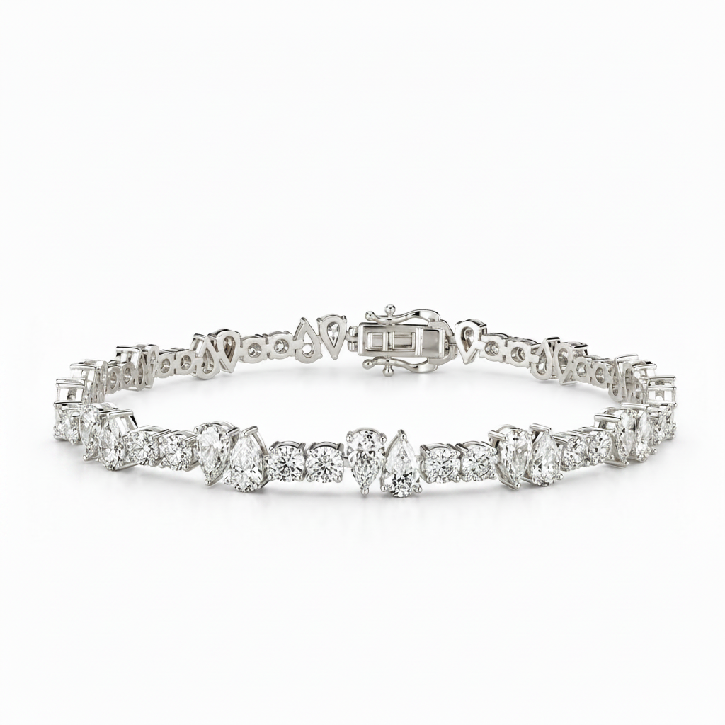 A silver tennis bracelet featuring a row of clear diamonds in marquise, round, and baguette cuts, displayed on a clean white background.