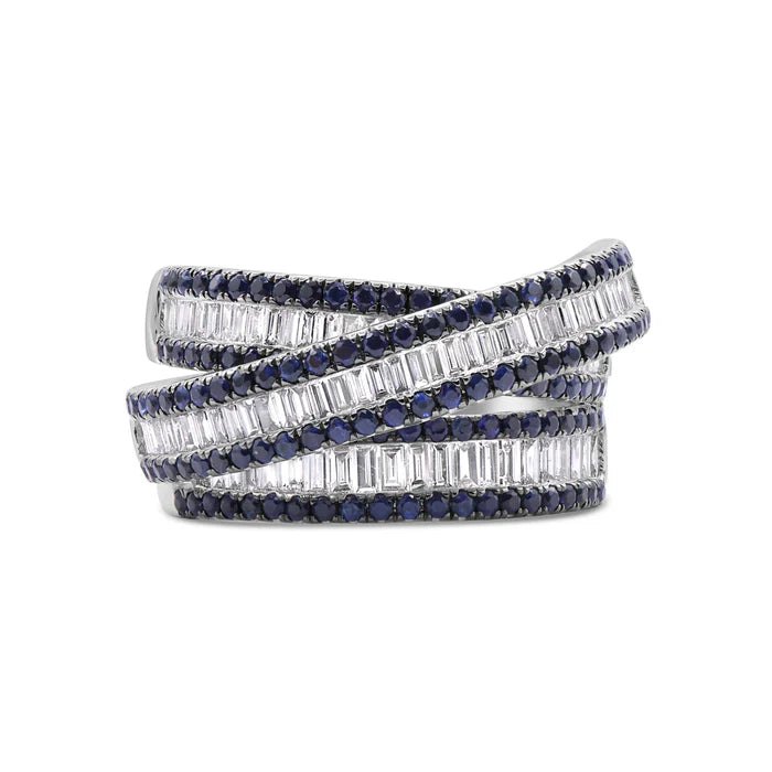 Sapphire & Baguette Diamond Criss Cross Ring in 18K White Gold – Bold Luxury Statement on a white background