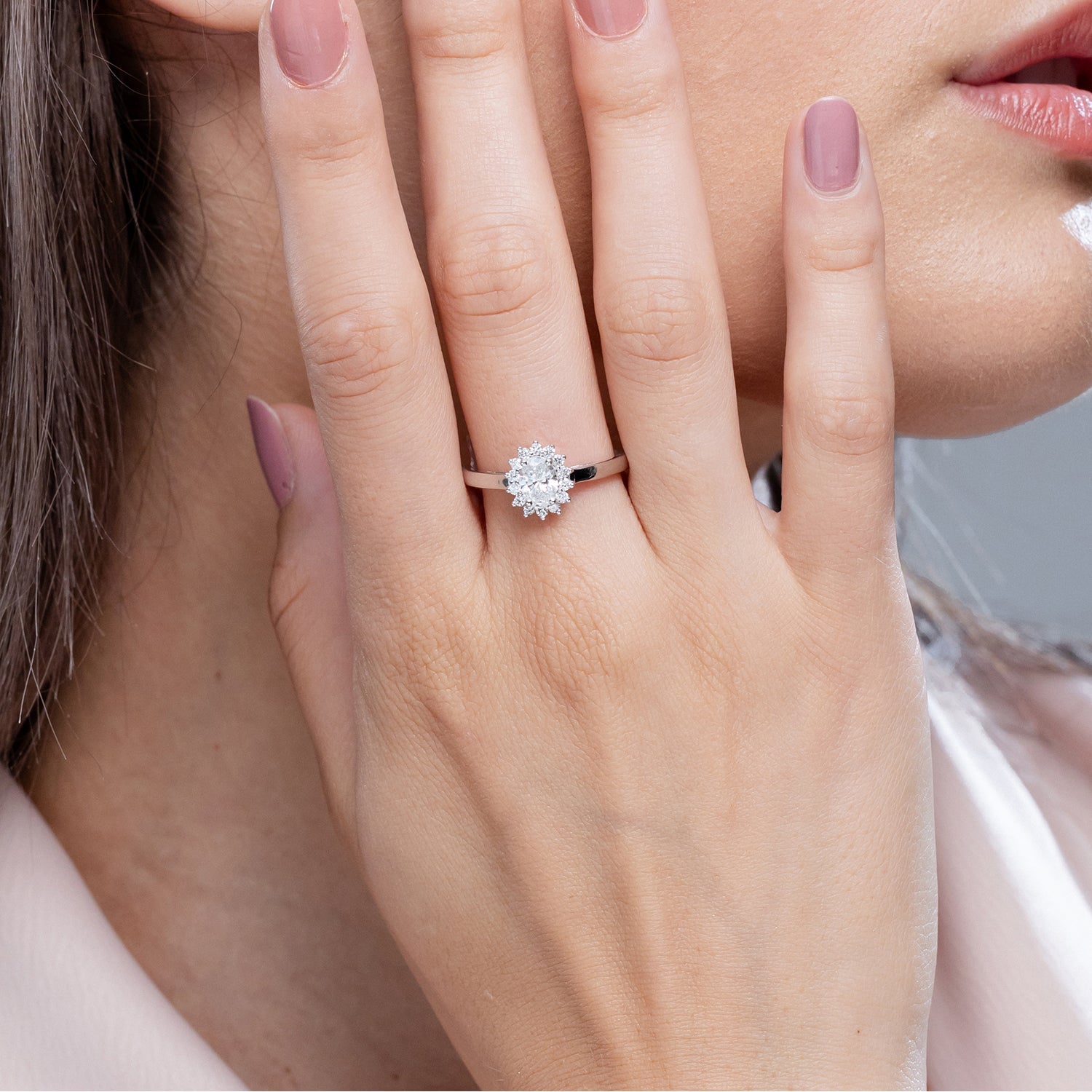 Oval and Round Diamond Curved Floral Engagement Ring