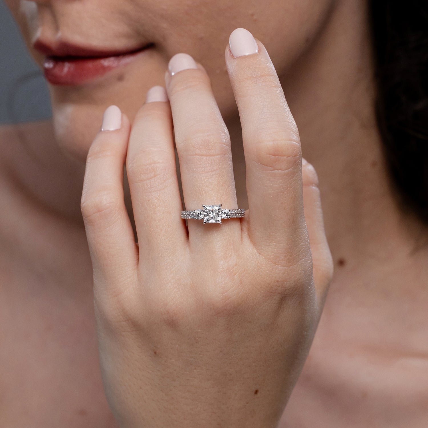 Princess-Cut Diamond Side Stone Shank Engagement Ring