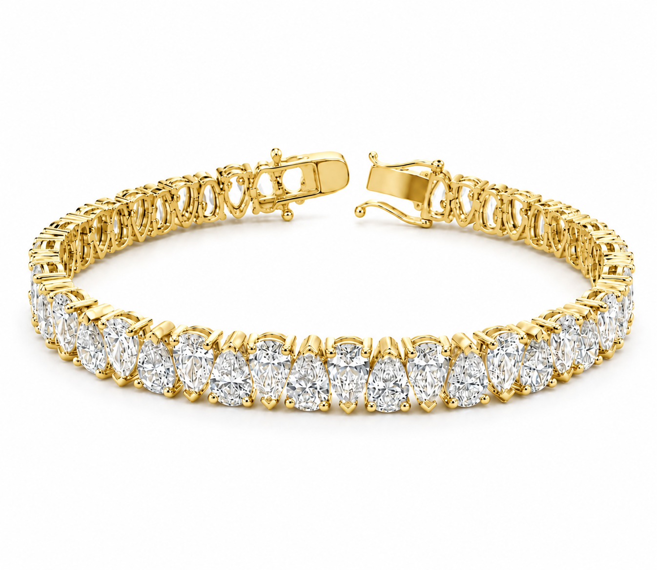 A yellow gold tennis bracelet featuring a row of round brilliant-cut diamonds in a prong setting, shown on a clean white background.