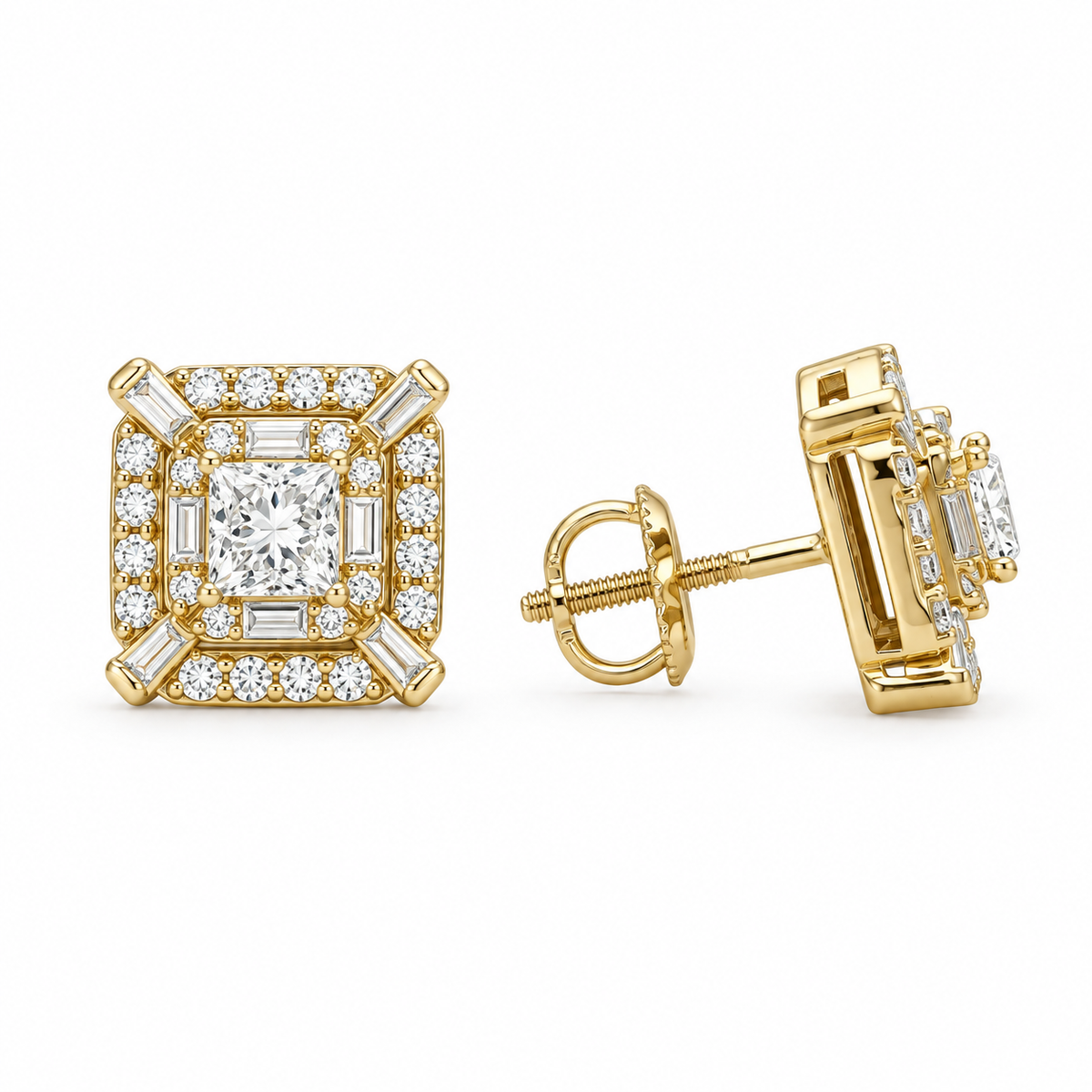 Multi-Shape Halo Princess-Cut Stud Earrings, 1.3 ct. – 10K Yellow Gold